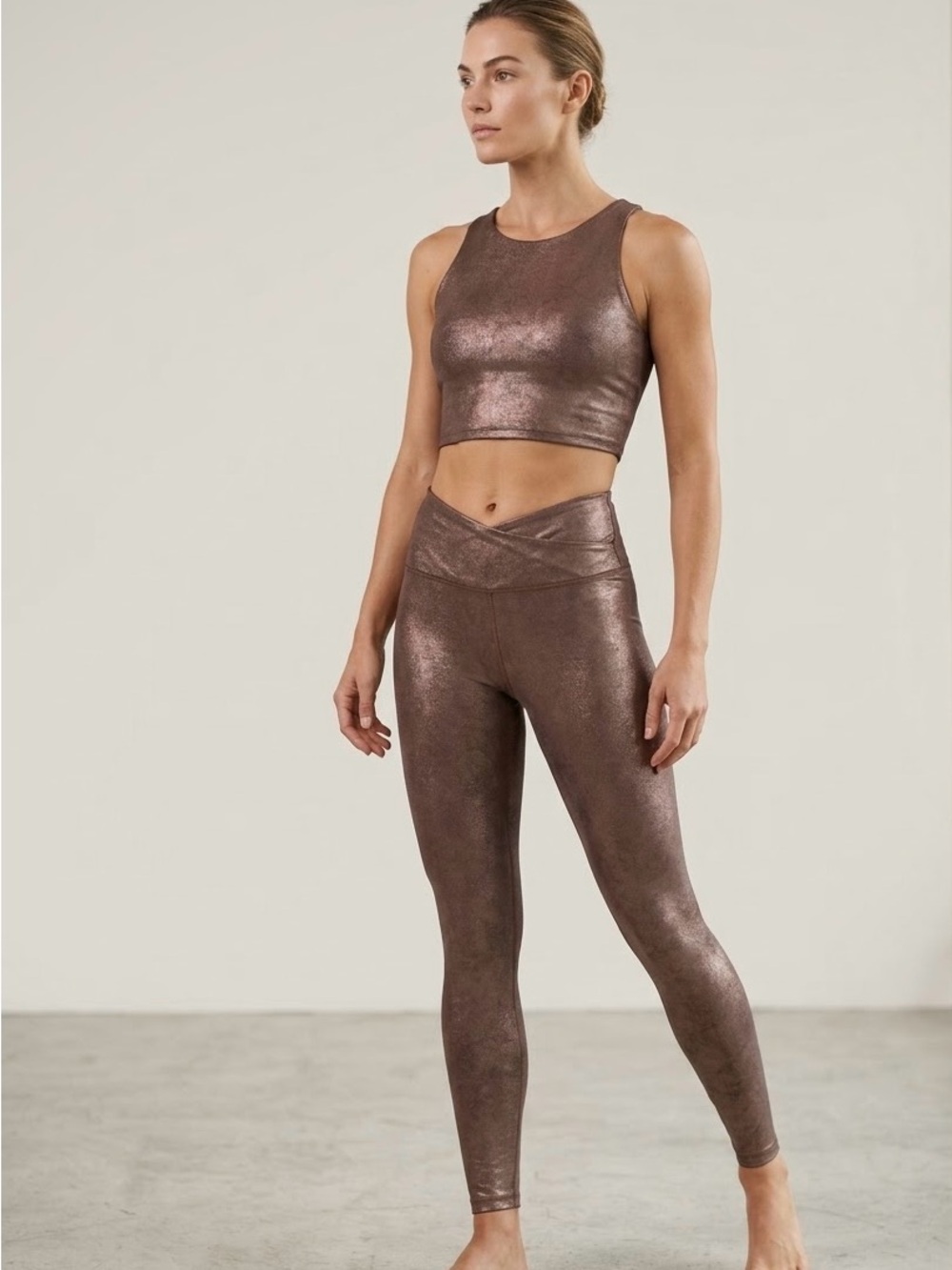 Joe Fresh Flattering Metallic Brown High-Waist V-Waist Leggings & Crop Tank Set